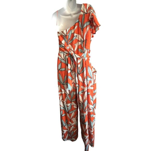 Flirty Tropical Off One Shoulder Jumpsuit Womens XL Coconinno Wide Leg - Picture 9 of 15